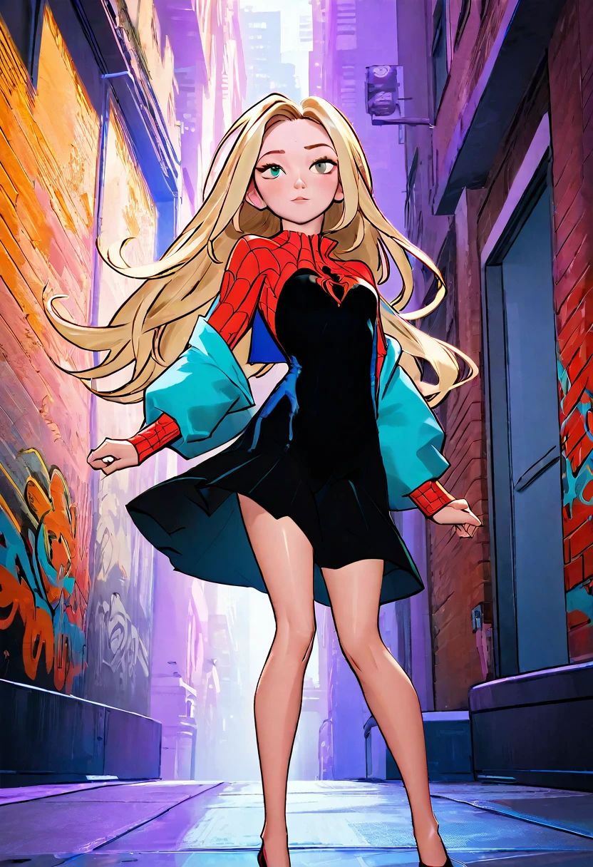 (Masterpiece artwork, 8K, uhd, high resolution: 1.4), stylized portrait of Sydney Sweeney in Spider-Verse art style, (stylized and vibrant features: 1.3), (long and wavy hair, blondes: 1.2), (expressive detailed eyes: 1.2), (modern and dynamic clothing, inspired by the Spider-Verse universe: 1.3), (confident and energetic pose: 1.3), (comic animation elements, with hand-drawn textures and shadows: 1.2), (background with urban and colorful scenes, like skyscrapers and graffiti: 1.1), (vibrant and electrifying atmosphere: 1.3), Intricate and vivid details, (fantasy and action elements: 1.2), (dynamic and captivating perspective: 1.3)