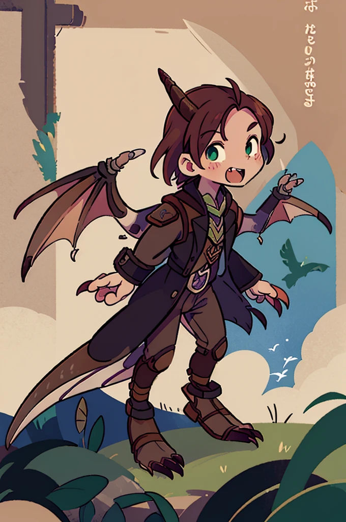 (((male, solo, winged kobold boy, dark red scales,fantasy clothes, artficer,steampunk, dragon wings, dragon tail, small, chibi))), artficer clothes, warm color clothes, fantay clothes,sea green eyes, artficer,small heigth, 54 centimertes heigth,horns, claws, tail, scales, fangs, masterpiece, cute, (((fullbody))), male
