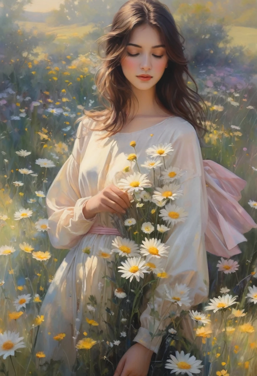 Capture the essence of pure serenity and natural beauty in an awe-inspiring oil painting that transports viewers into a dreamlike world where a girl finds solace amidst a sea of Paper Daisies. Imagine a tranquil meadow bathed in the soft glow of the setting sun, where the vibrant hues of yellow, orange, and pink Paper Daisies stretch as far as the eye can see. Nestled among the blossoms lies a young girl, her figure draped in billowing fabric that mirrors the delicate petals of the flowers. With a sense of peaceful abandon, the girl reclines gracefully among the daisies, her eyes closed in quiet contemplation. The warm golden light of the sun caresses her skin, casting a gentle radiance that illuminates her features and lends an ethereal quality to the scene. The oil painting captures the intricate details of each individual Paper Daisy, from the delicate papery petals to the subtle variations in color and texture. Layers of thick, luscious oil paint are applied with masterful brushstrokes, creating depth and dimension that bring the flowers to life on the canvas. In the distance, rolling hills rise and fall like waves on the horizon, their verdant slopes dotted with patches of wildflowers that dance in the breeze. A soft breeze rustles through the meadow, carrying with it the sweet scent of the daisies and the soft murmur of distant birdsong. As the viewer gazes upon the painting, they are drawn into a state of tranquil reverie, enveloped by the beauty and tranquility of the natural world. "Golden Reverie" is not merely a painting—it is a sanctuary of peace and beauty, a refuge from the chaos of the world, and a reminder of the simple joys that lie in the embrace of nature.