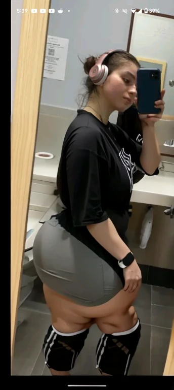 araffe in a black shirt and grey shorts taking a selfie, thicc, big booty, insanely inflated hips, thick, pawg, thick thigs, she has a jiggly fat round belly, thick tail, large thighs, thick thighs, wide hips, thick body, thicc build, somewhat bent over, bending over, in a bathroom, full body picture, full body female, full body!, widest hips, beautiful girl, big ass, huge ass, bbw, from behind, thick, thick thighs, wide hips, bbw, big , sideboob, giant ass, back view, big butt, round butt, tight underwear, underwear halfway off, underwear taking off, grabbing ass, ass spilling over underwear, too thick for clothes, facing right, seeing huge round asscheeks