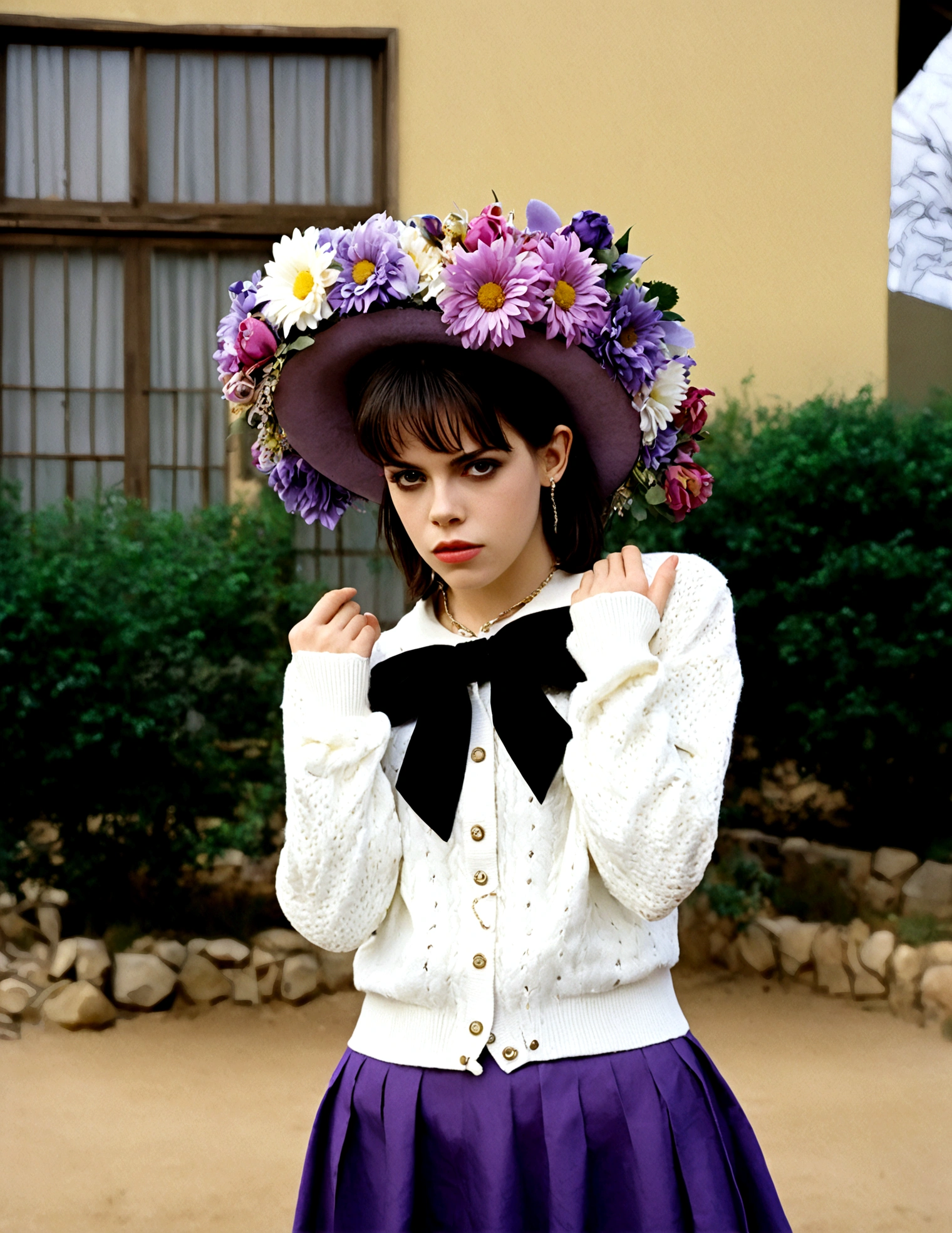 masterpiece, best quality, highres, hmsl1, Fairuza Balk (age 18), horned headwear, hair flower, x hair ornament, white sweater, purple jacket, flower, long sleeves, open clothes, black bow, sleeves past wrists, skirt, cowboy shot, outdoors, street, standing