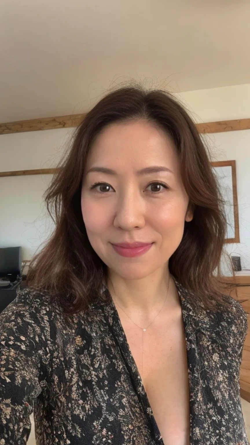 ((portrait selfie)), RAW, analog, Nikon Z 85mm,((best quality)), ((masterpiece)), ((realistic)), vintage image, sharp focus, high detail, photorealistic, realistic, beautiful, extremely detailed, photo_\(ultra\, 8k uhd, SEMI-SILHOUETTE light,god rays, highres, gorgeous japanese woman, 40 year old, (long black straight hair), brown eyes, 40 year old body, perfect physique, perfect waist, big hips, big ass, (((huge natural breasts))), ((In an apartment)), (cleavage), (In home shirt), (smile),