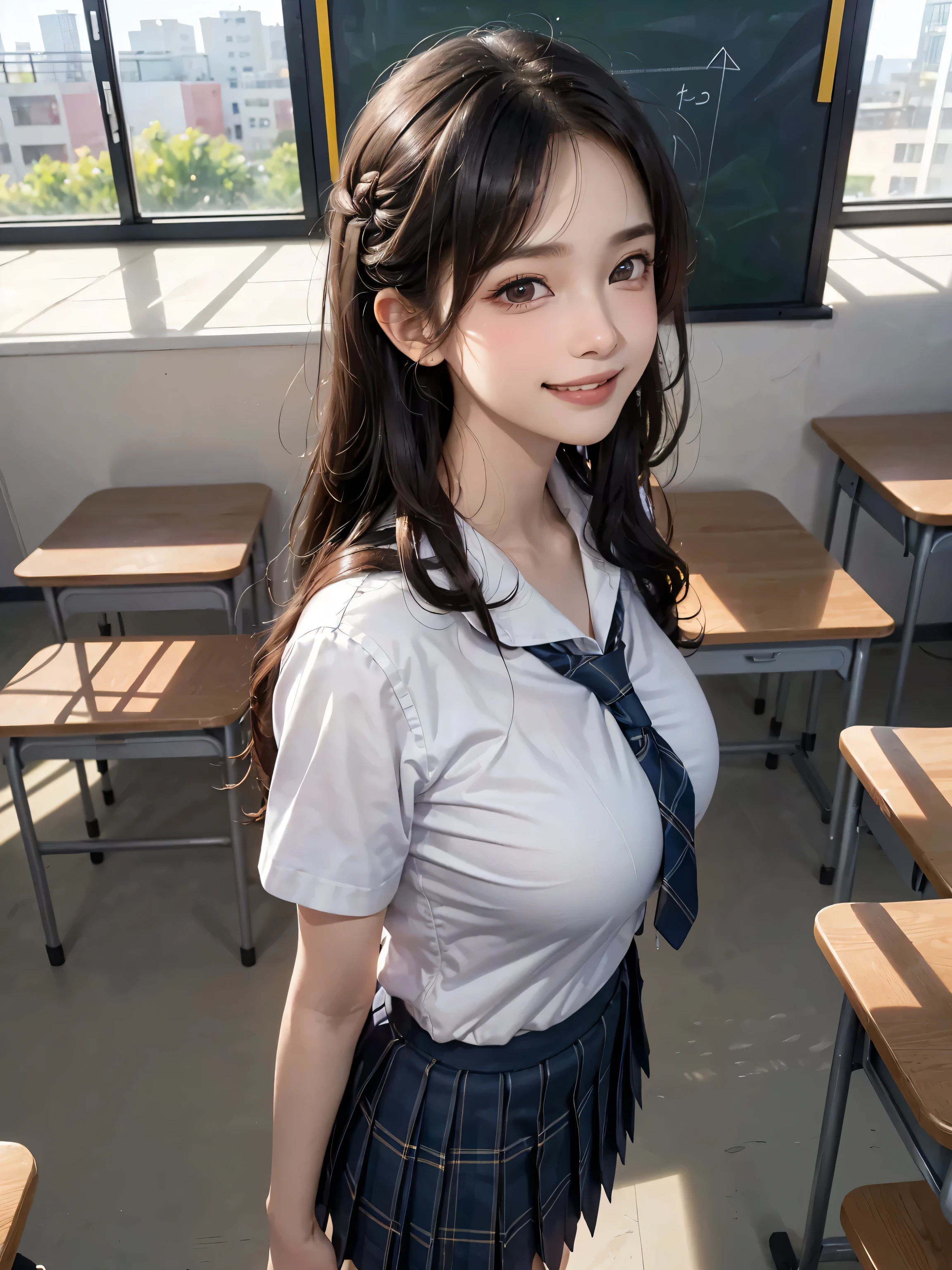 (masterpiece:1.3, Highest quality, Ultra-high resolution, Super detailed), (Realistic, photoRealistic:1.4), Perfect lighting, Natural light, colorful, Depth of written boundary, Browsing Caution, Surrealism, Front view,Beautiful detailed hair, Beautifully detailed face, Beautiful fine details, Beautiful clavicle, Beautiful body, thin脚,Beautiful feet, Beautiful breasts,Beautiful Hands, thin, 1 girl, Perfect Face, Long eyelashes,Perfect Anatomy, Supermodel with a long neck,((Skinny1.2)),((standing:1.3 )),((from side)),looking at the camera,(Perfect Anatomy,Highly detailed skin), Shiny skin,((beautiful girl:1.1)),(( large breasts:1.3)), (((Happy smile:1.1)),(Mid-length hair:1.4, Wavy Hair:1.2, Black Hair) ,hair over one eye, Dainty facial structure,photo shoot, Sharp focus, Face Light,((school uniform, navy skirt in plaid skirt)),((school uniform, short sleeve shirt:1.2)), ((school uniform, tie)),A typical Japanese school classroom with rows of wooden desks and chairs neatly arranged. The front of the classroom features a large blackboard with chalk writings, and a teacher's desk with books and teaching materials. Bright natural light streams in through large windows on one side of the room, offering a view of a schoolyard or greenery outside. The classroom has a clean, organized, and studious atmosphere with posters and educational charts adorning the walls