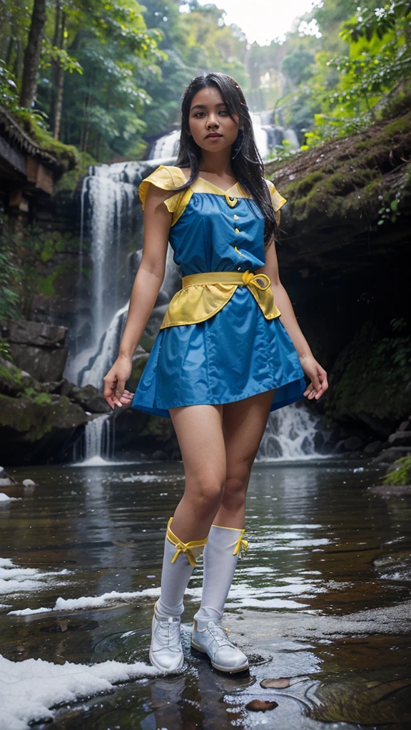A filipina girl wearing a blue and yellow snow white costume the background is magical forest and water falls.