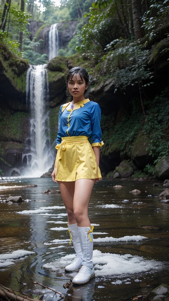 A filipina girl wearing a blue and yellow snow white costume the background is magical forest and water falls.