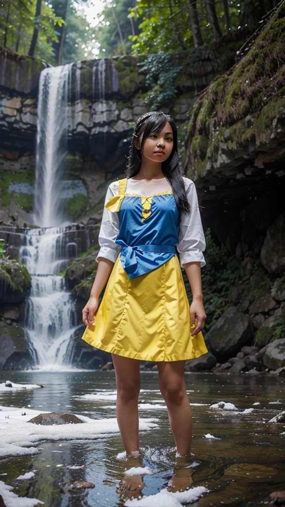 A filipina girl wearing a blue and yellow snow white costume the background is magical forest and water falls.