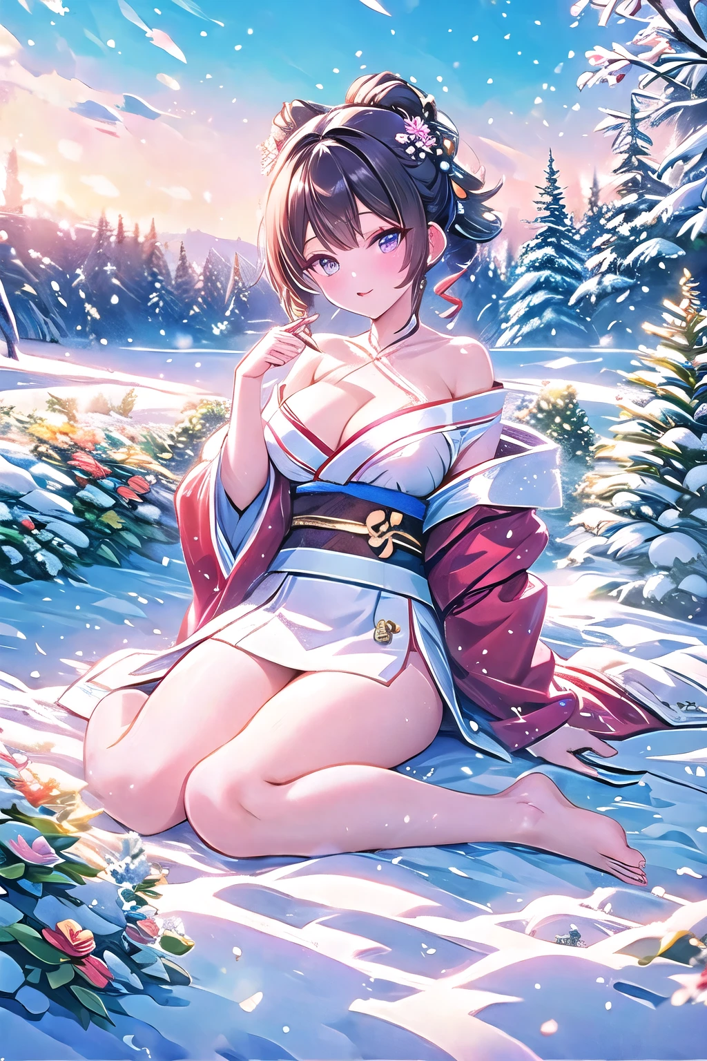 (masterpiece, best quality:1.2), 1 beautiful sexy woman(Wear an off-the-shoulder kimono),,(Smooth skin),E7E48U，Large Breasts，In the snow