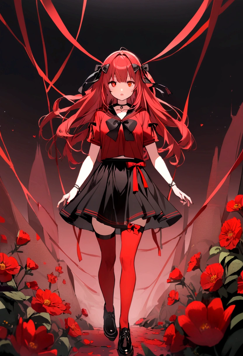 a girl with a black skirt and a longer red skirt on the bottom in a sailor style red stockings . red zip up hoodie, black shirt underneath with short sleeves and ,red hair, long hair and a flower with a ribbon on the bottom on the side on the hair and red eyes has a black Choker , and a small heart red necklace , has a ribbon bow waistband , full body