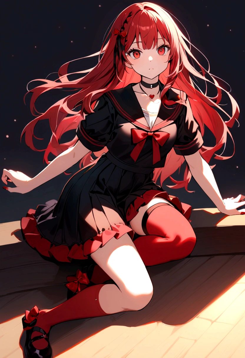 a girl with a black skirt and a longer red skirt on the bottom in a sailor style red stockings . red zip up hoodie, black shirt underneath with short sleeves and ,red hair, long hair and a flower with a ribbon on the bottom on the side on the hair and red eyes has a black Choker , and a small heart red necklace , has a ribbon bow waistband , full body