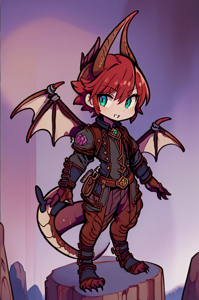 (((male, solo, winged kobold boy, dark red scales,fantasy clothes, artficer,steampunk, dragon wings, dragon tail, small, chibi))), artficer clothes, warm color clothes, fantay clothes,sea green eyes, artficer,small heigth, 54 centimertes heigth,horns, claws, tail, scales, fangs, masterpiece, cute, (((fullbody))), male
