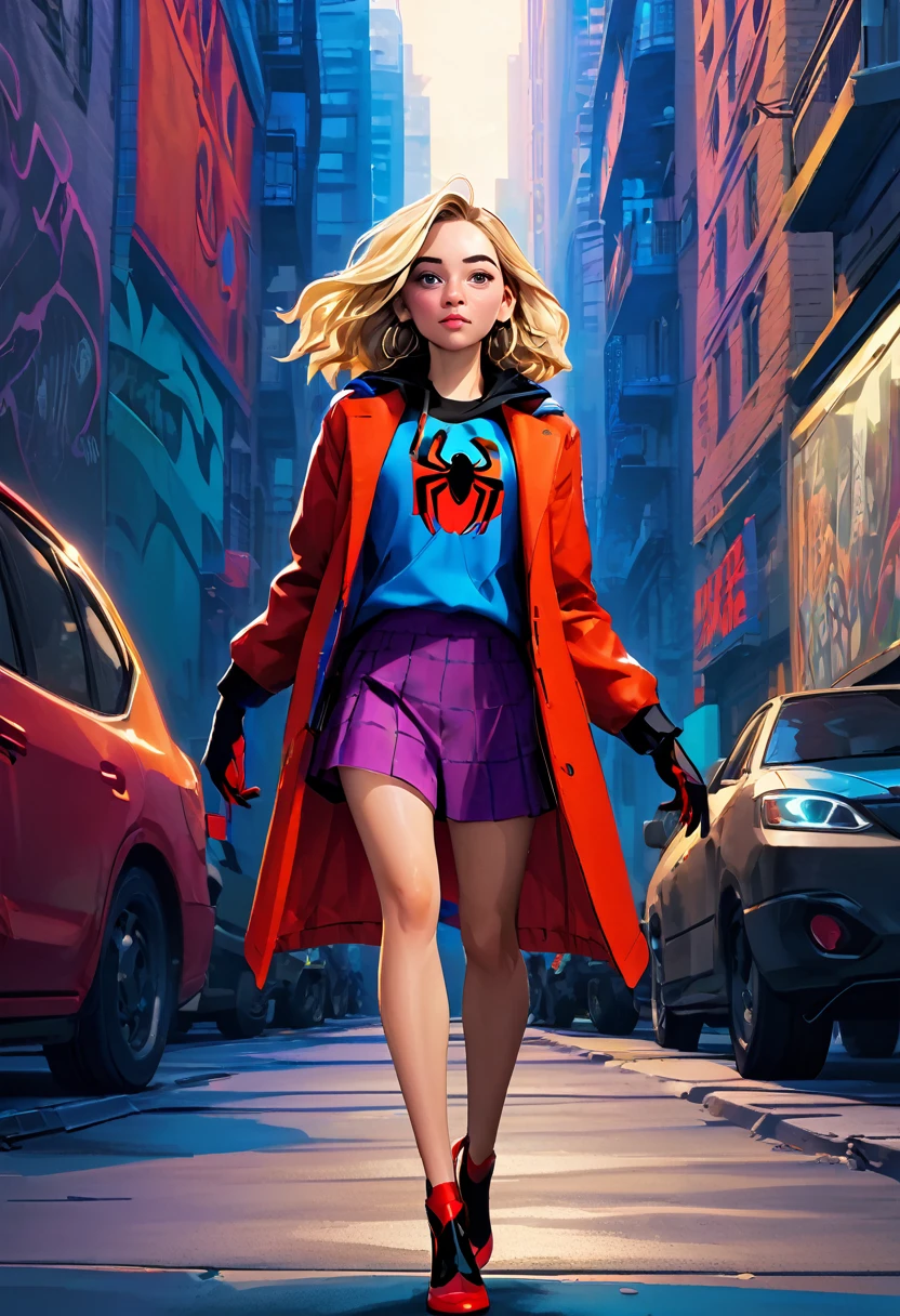 (Masterpiece artwork, 8K, uhd, high resolution: 1.4), stylized portrait of Sydney Sweeney in Spider-Verse art style, (stylized and vibrant features: 1.3), (long and wavy hair, blondes: 1.2), (expressive detailed eyes: 1.2), (modern and dynamic clothing, inspired by the Spider-Verse universe: 1.3), (confident and energetic pose: 1.3), (comic animation elements, with hand-drawn textures and shadows: 1.2), (background with urban and colorful scenes, like skyscrapers and graffiti: 1.1), (vibrant and electrifying atmosphere: 1.3), Intricate and vivid details, (fantasy and action elements: 1.2), (dynamic and captivating perspective: 1.3)