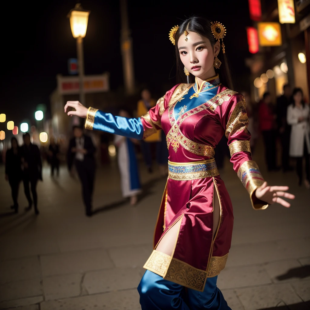 ((best quality)), ((masterpiece)), (detailed), 1 Beauty, Portraiture ，Character leaning to the right，Mongolian national costume，Long sleeve，Dancing Background Ulaanbaatar，Blurred Background，night