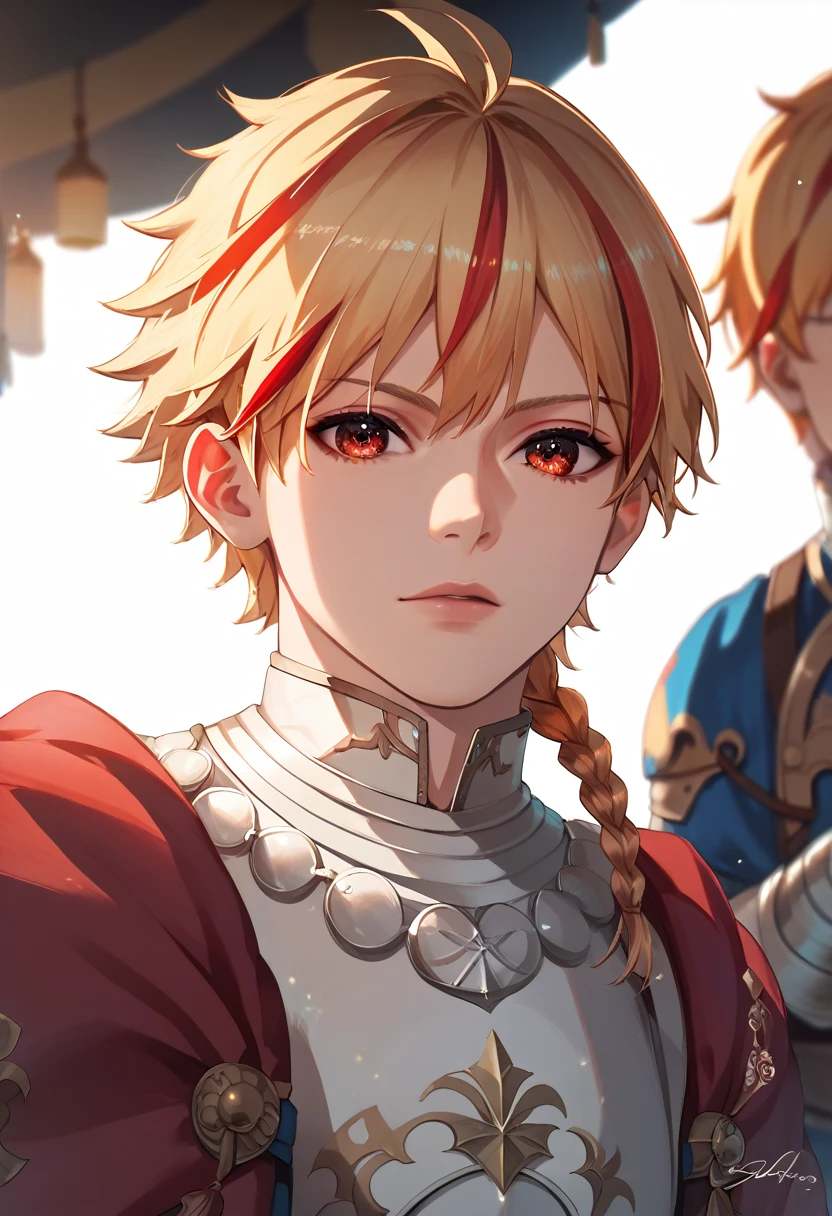 best quality, masterpiece, anime boy , young boy, 24 years old, 1boy, bangs, short hair, beautiful face, perfect shot, perfect anatomy, medieval, white background, solo boy, 4k, high resolution , detailed face, detailed eyes, beautiful eyes, very close up, focus on face,  1boy , single braid, armor , red cape