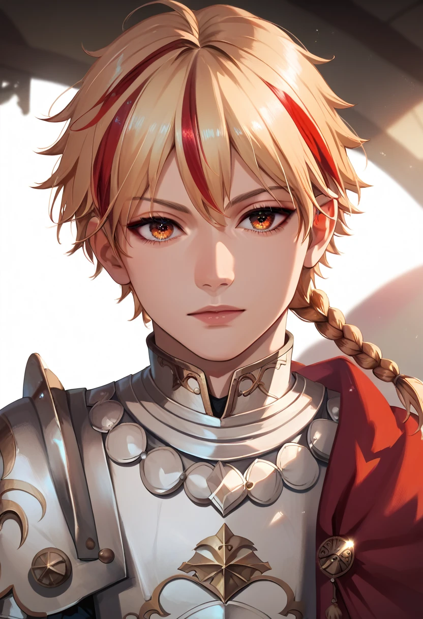 best quality, masterpiece, anime boy , young boy, 24 years old, 1boy, bangs, short hair, beautiful face, perfect shot, perfect anatomy, medieval, white background, solo boy, 4k, high resolution , detailed face, detailed eyes, beautiful eyes, very close up, focus on face,  1boy , single braid, armor , red cape