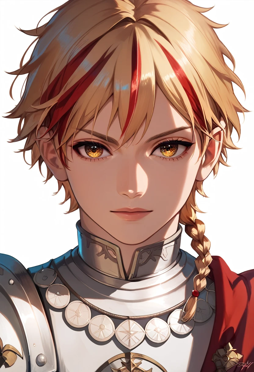 best quality, masterpiece, anime boy , young boy, 24 years old, 1boy, bangs, short hair, beautiful face, perfect shot, perfect anatomy, medieval, white background, solo boy, 4k, high resolution , detailed face, detailed eyes, beautiful eyes, very close up, focus on face,  1boy , single braid, armor , red cape