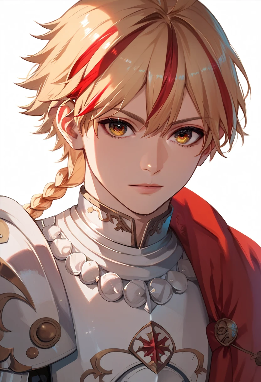 best quality, masterpiece, anime boy , young boy, 24 years old, 1boy, bangs, short hair, beautiful face, perfect shot, perfect anatomy, medieval, white background, solo boy, 4k, high resolution , detailed face, detailed eyes, beautiful eyes, very close up, focus on face,  1boy , single braid, armor , red cape