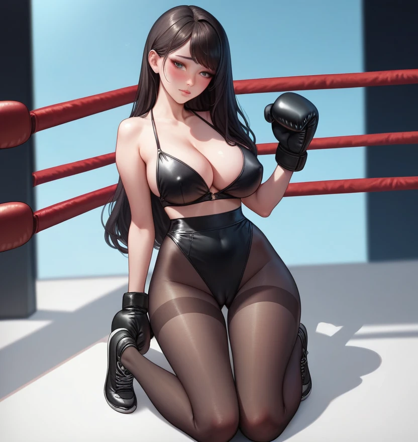 korean beautifull girl,18 years old,Pretty Face,Good shape,detailed picture, Shy expression, blush,White long hair, Wear sexy tights,Wear black pantyhose, Wearing black boxing gloves, Kneeling in a sexy pose on the boxing ring,Large Breasts,Cleavage,Long legs,Thin waist,nipple,Camel toe