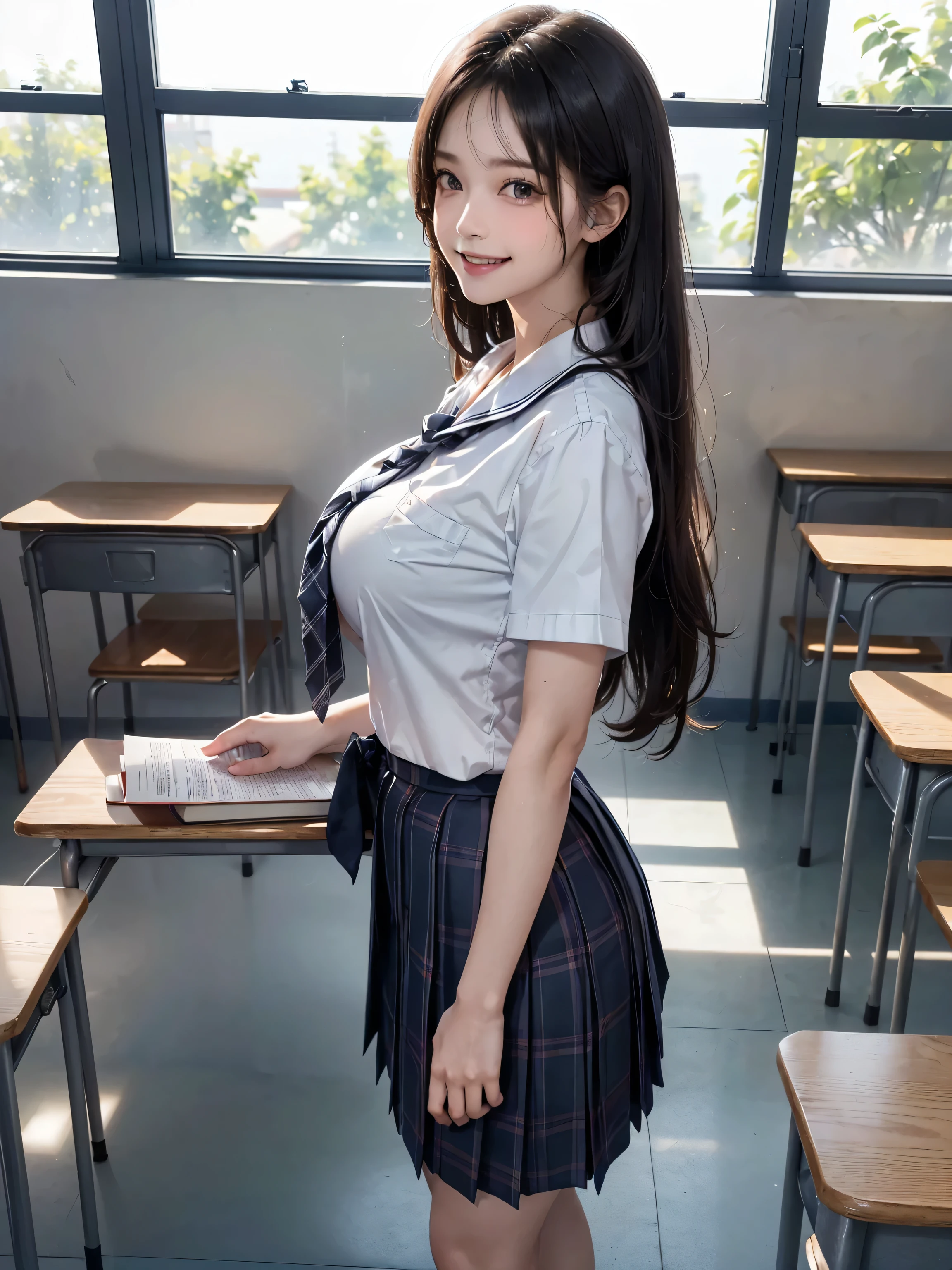 (masterpiece:1.3, Highest quality, Ultra-high resolution, Super detailed), (Realistic, photoRealistic:1.4), Perfect lighting, Natural light, colorful, Depth of written boundary, Browsing Caution, Surrealism, Front view,Beautiful detailed hair, Beautifully detailed face, Beautiful fine details, Beautiful clavicle, Beautiful body, thin脚,Beautiful feet, Beautiful breasts,Beautiful Hands, thin, 1 girl, Perfect Face, Long eyelashes,Perfect ???????, Supermodel with a long neck,((Skinny1.2)),((standing:1.3 )),((from side)),looking at the camera,(Perfect ???????,Highly detailed skin), Shiny skin,((beautiful girl:1.1)),(( large breasts:1.3)), (((Happy smile:1.1)),(Mid-length hair:1.4, Wavy Hair:1.2, Black Hair) ,hair over one eye, Dainty facial structure,photo shoot, Sharp focus, Face Light,((school uniform, navy skirt in plaid skirt)),((school uniform, short sleeve shirt:1.2)), ((school uniform, tie)),A typical Japanese school classroom with rows of wooden desks and chairs neatly arranged. The front of the classroom features a large blackboard with chalk writings, and a teacher's desk with books and teaching materials. Bright natural light streams in through large windows on one side of the room, offering a view of a schoolyard or greenery outside. The classroom has a clean, organized, and studious atmosphere with posters and educational charts adorning the walls