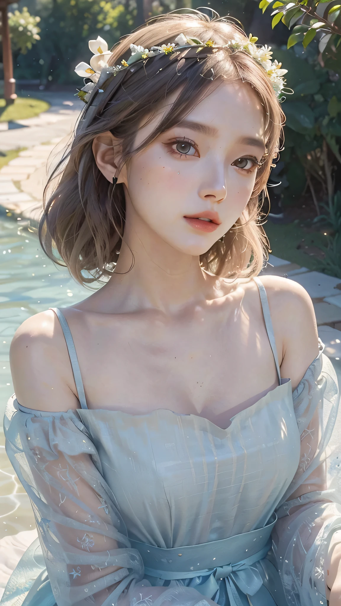 1girl, intricate detailed face, beautiful detailed eyes, beautiful detailed lips, extremely detailed facial features, longeyelashes, porcelain skin, elegant posture, serene expression, flowing hair, flower crown, lush garden, ambient lighting, pastel colors, digital painting, vibrant colors, highly detailed, photorealistic, 8k, masterpiece