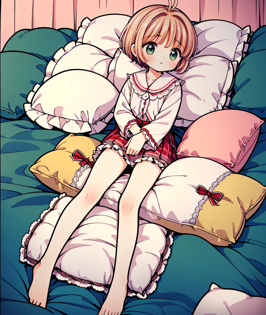 (masterpiece,best quality,best quality, masterpiece),my own, , , (适合任何Pillow背景的光影)), 穿着pajamas可爱女孩在Pillow上摆姿势 ,pajamas,,(很多Pillow),Soft cushion,,,,很多Pillow,,,(Pillow),(A tail),,(充满细节的Pillow),(Love around the protagonist),Steam,,(Pillow),(palace),(Palace bedroom),(Pillow),柔软的Pillow,,(Classical European style bedroom ),(excited,shy person,Lack of expressiveness,),,, ((Maximum resolution)), artwork, ,,,(Interior of the palace),,(Deluxe Rococo Canopy King Bed),On a big and spacious bed,(),,,,Luxurious curtains with ornate ruffles and ribbons surround the bed,((((There are many pillows piled on the bed)))),Detail of Quilt,Detailed bed sheets,Ruffled Bed Skirt,Deep Bed,Background with depth,((详细的Pillow)), ((((大量的Pillow)))),,Shaking lines,,Flowing liquid,Violent body shaking,Violent shaking lines,详细的软Pillow,,((女孩正躺在许多柔软的Pillow上,周围有许多Pillow)),。Many small feathers fluttering、 带褶边和缎带的长裙pajamas、In a huge, Large canopy bed、Soft pink sheets and quilt、色彩鲜艳的柔软Pillow、很多带褶边的Pillow和带褶边的床裙、Soft toned bed、Ruffled curtains around the bed.。Delicate face。Background with depth,kinomoto sakura,(kinomoto sakura, 1girl, brown hair, short hair, antenna hair, , green eyes),,