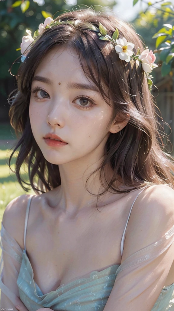 1girl, intricate detailed face, beautiful detailed eyes, beautiful detailed lips, extremely detailed facial features, longeyelashes, porcelain skin, elegant posture, serene expression, flowing hair, flower crown, lush garden, ambient lighting, pastel colors, digital painting, vibrant colors, highly detailed, photorealistic, 8k, masterpiece