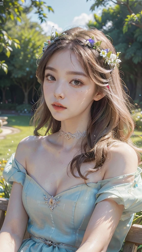 1girl, intricate detailed face, beautiful detailed eyes, beautiful detailed lips, extremely detailed facial features, longeyelashes, porcelain skin, elegant posture, serene expression, flowing hair, flower crown, lush garden, ambient lighting, pastel colors, digital painting, vibrant colors, highly detailed, photorealistic, 8k, masterpiece