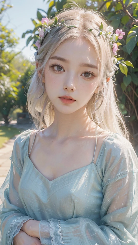 1girl, intricate detailed face, beautiful detailed eyes, beautiful detailed lips, extremely detailed facial features, longeyelashes, porcelain skin, elegant posture, serene expression, flowing hair, flower crown, lush garden, ambient lighting, pastel colors, digital painting, vibrant colors, highly detailed, photorealistic, 8k, masterpiece