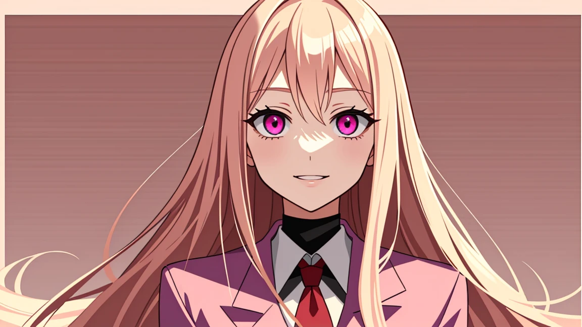 adult woman, pink eyes, long blonde hair, pink suit, smile