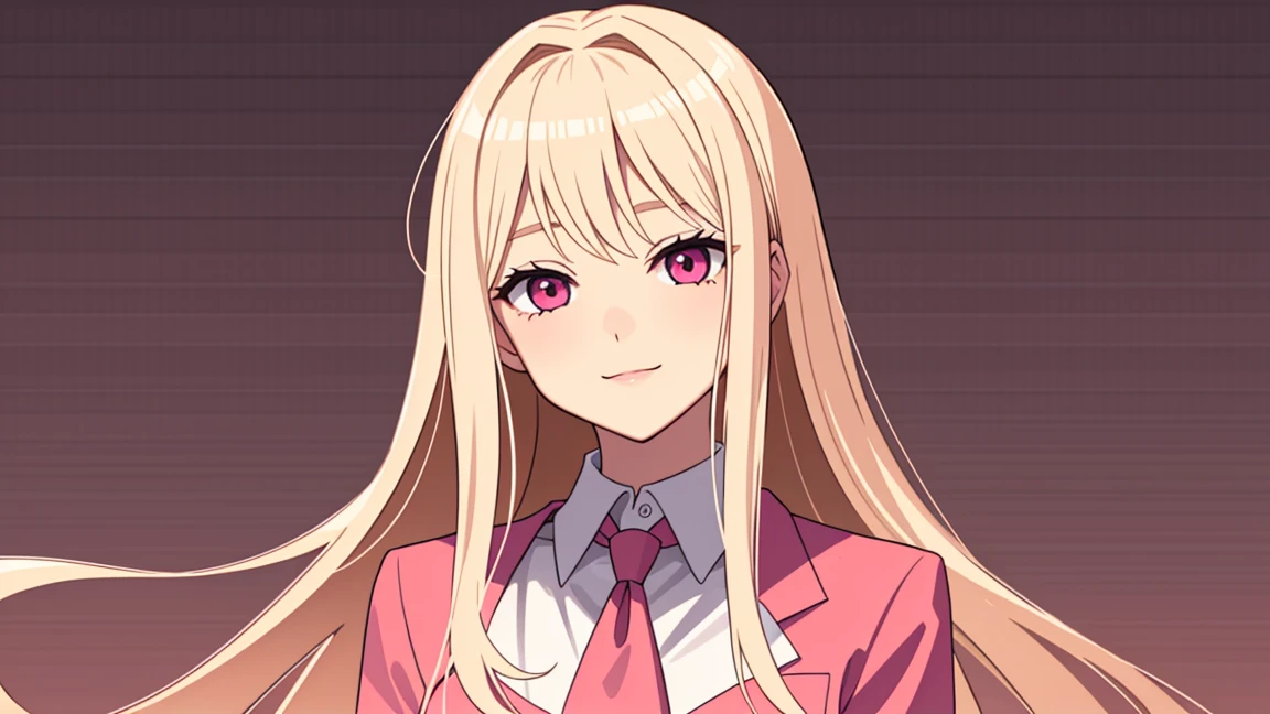 adult woman, pink eyes, long blonde hair, pink suit, smile