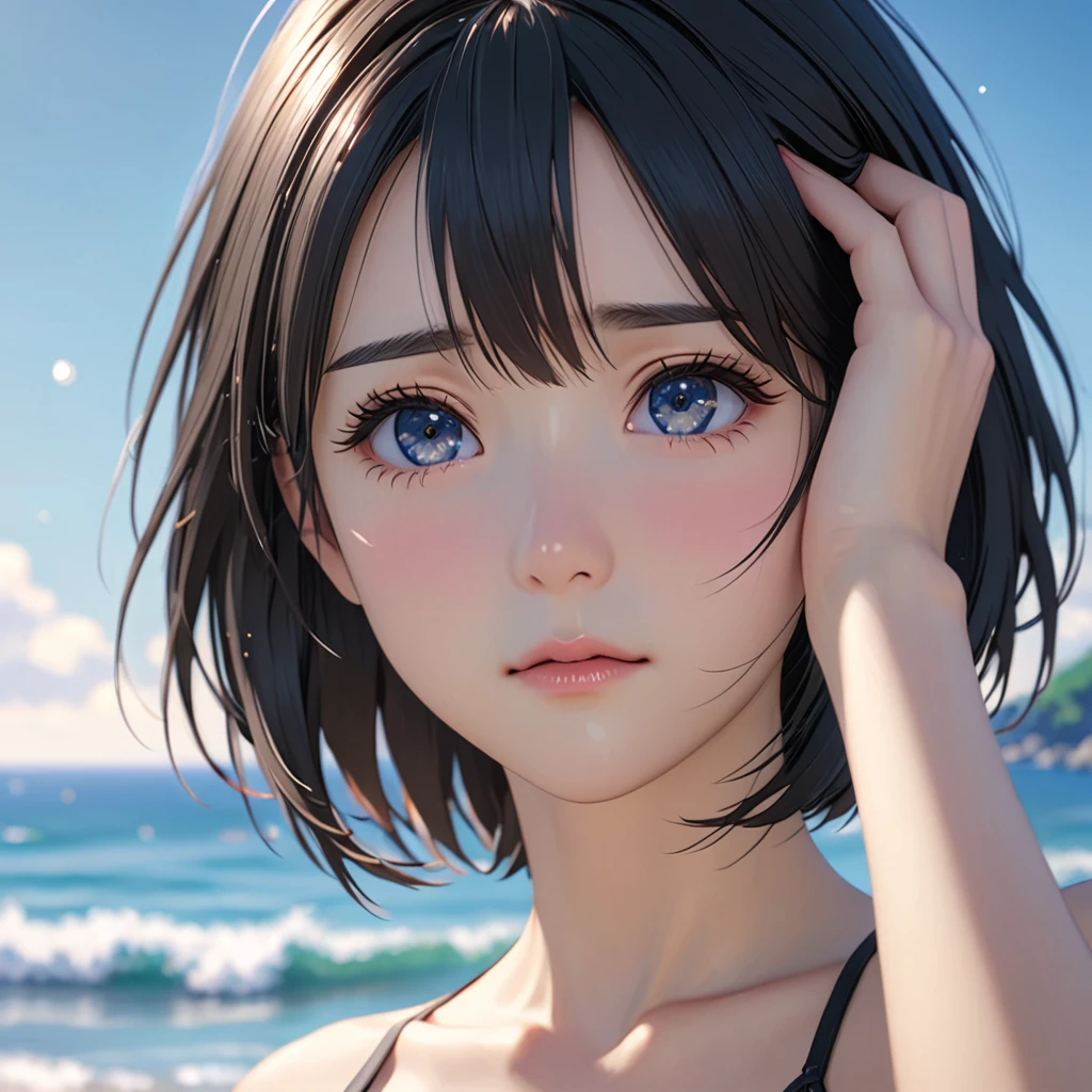 National Science Foundation,masterpiece,High resolution,8K,Art,digit,Three-dimensional,Realism,Kyoto Animation Style,your name movie style,looking into camera,On the scenic seaside,(1 girl: 1.3),(alone: 1.4),(bikini),Put your hands behind your head,Black hair,Long eyelashes,Slender legs,Short Bob,Close-up of upper body,Close-up,Close up,Eyes as deep as the starry sky,shy,pain,sad,Awkward