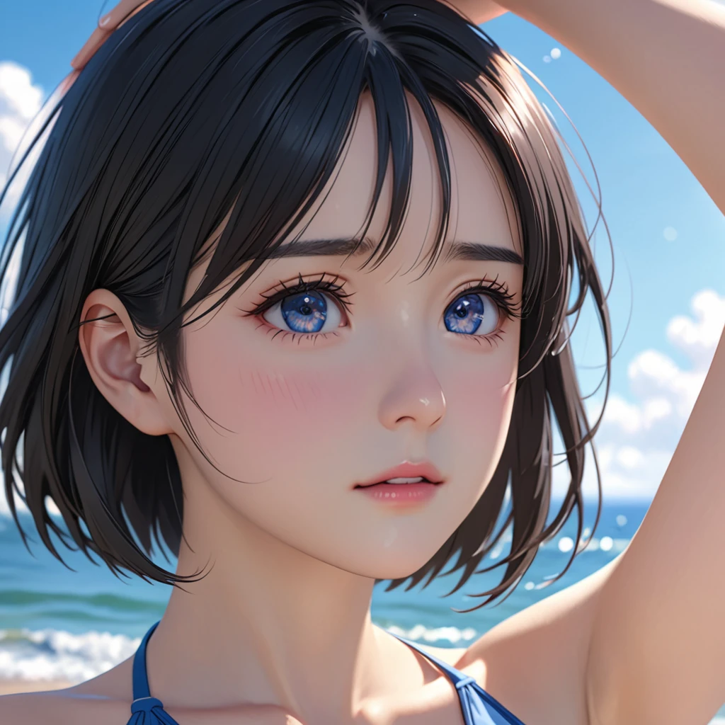 National Science Foundation,masterpiece,High resolution,8K,Art,digit,Three-dimensional,Realism,Kyoto Animation Style,your name movie style,looking into camera,On the scenic seaside,(1 girl: 1.3),(alone: 1.4),(bikini),Put your hands behind your head,Black hair,Long eyelashes,Slender legs,Short Bob,Close-up of upper body,Close-up,Close up,Eyes as deep as the starry sky,shy,pain,sad,Awkward