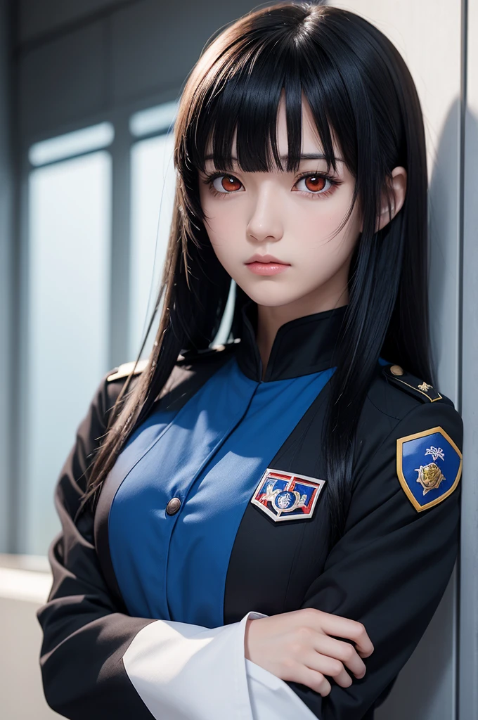 A female anime character with straight black hair with bangs, red eyes with face of young man in blue uniform.