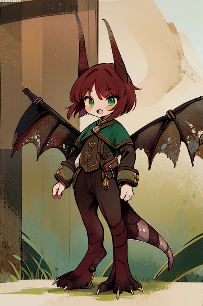 (((male, solo, winged kobold boy, dark red scales,fantasy clothes, artficer,steampunk, dragon wings, dragon tail, small, chibi))), artficer clothes, warm color clothes, fantay clothes,sea green eyes, artficer,small heigth, 54 centimertes heigth,horns, claws, tail, scales, fangs, masterpiece, cute, (((fullbody))), male
