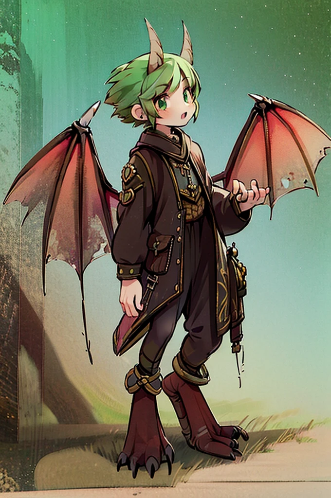 (((male, solo, winged kobold boy, dark red scales,fantasy clothes, artficer,steampunk, dragon wings, dragon tail, small, chibi))), artficer clothes, warm color clothes, fantay clothes,sea green eyes, artficer,small heigth, 54 centimertes heigth,horns, claws, tail, scales, fangs, masterpiece, cute, (((fullbody))), male
