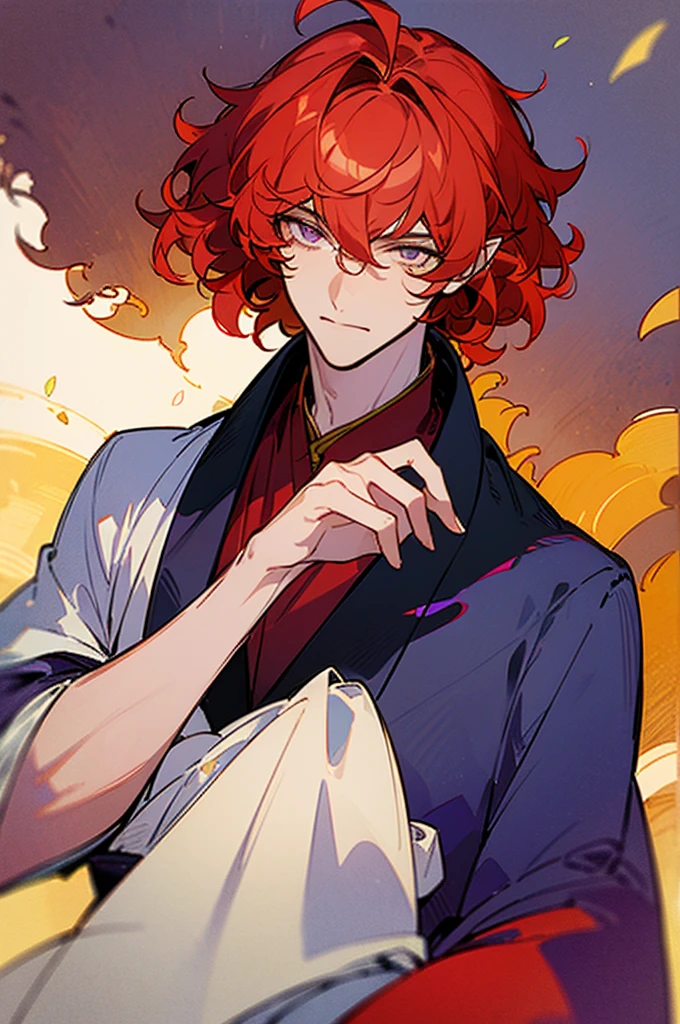 ((masterpiece)), ((one man)), man, man in late 30s, dark skin, white eyes, detailed eyes, elve ears, drak red hair, short hair, short curly hair, ((curly hair)), curly hair, tall, handsome, mature, purple clothes,
