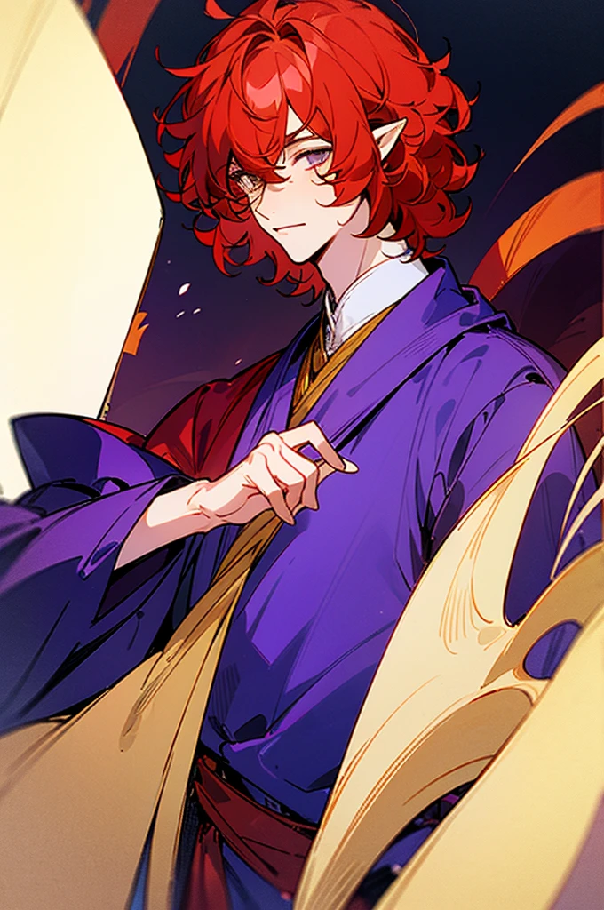 ((masterpiece)), ((one man)), man, man in late 30s, dark skin, white eyes, detailed eyes, elve ears, drak red hair, short hair, short curly hair, ((curly hair)), curly hair, tall, handsome, mature, purple clothes,