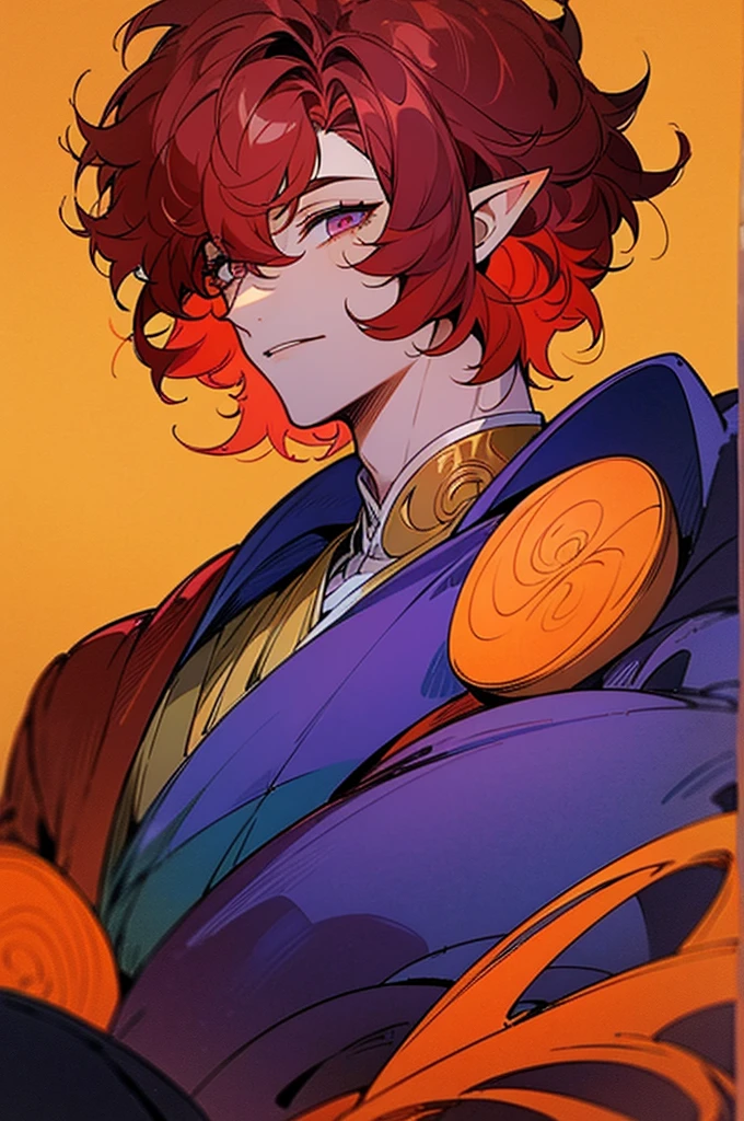 ((masterpiece)), ((one man)), man, man in late 30s, dark skin, white eyes, detailed eyes, elve ears, drak red hair, short hair, short curly hair, ((curly hair)), curly hair, tall, handsome, mature, purple clothes,
