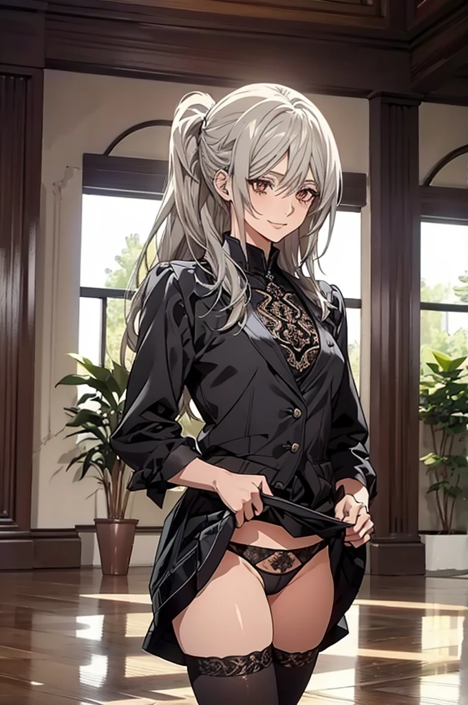 (Confused, High resolution, Very detailed), 1 female, Silver Hair, Long Hair, Reddish brown eyes, Suit skirt, white lace thong, secretary, Low Ponytail, 24th generation, Beautiful woman, mature, thin, quiet, Calm, A small smile, Reception room,