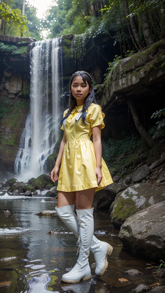 A filipina girl wearing a blue and yellow snow white costume dress and white long boots the background is magical forest and water falls.