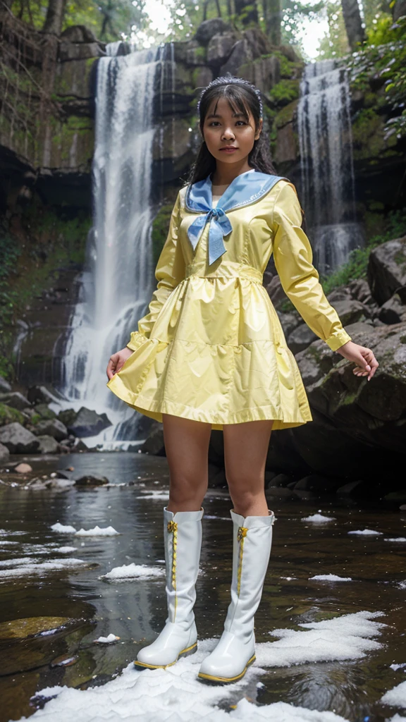 A filipina girl wearing a blue and yellow snow white costume dress and white long boots the background is magical forest and water falls.