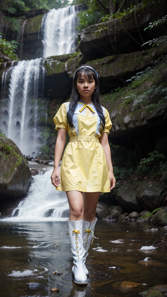 A filipina girl wearing a blue and yellow snow white costume dress and white long boots the background is magical forest and water falls.