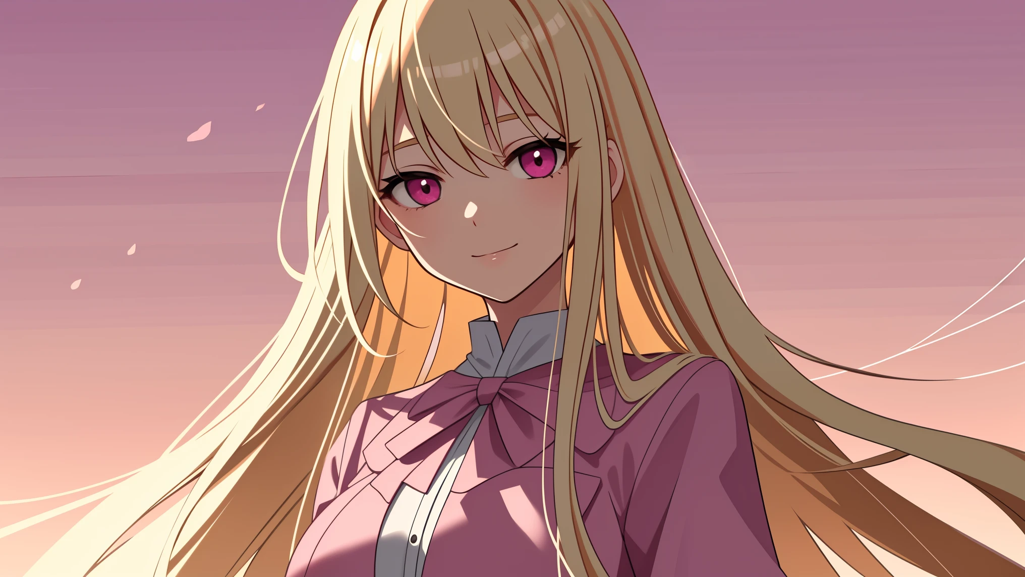 adult woman, pink eyes, long blonde hair, pink suit, smile