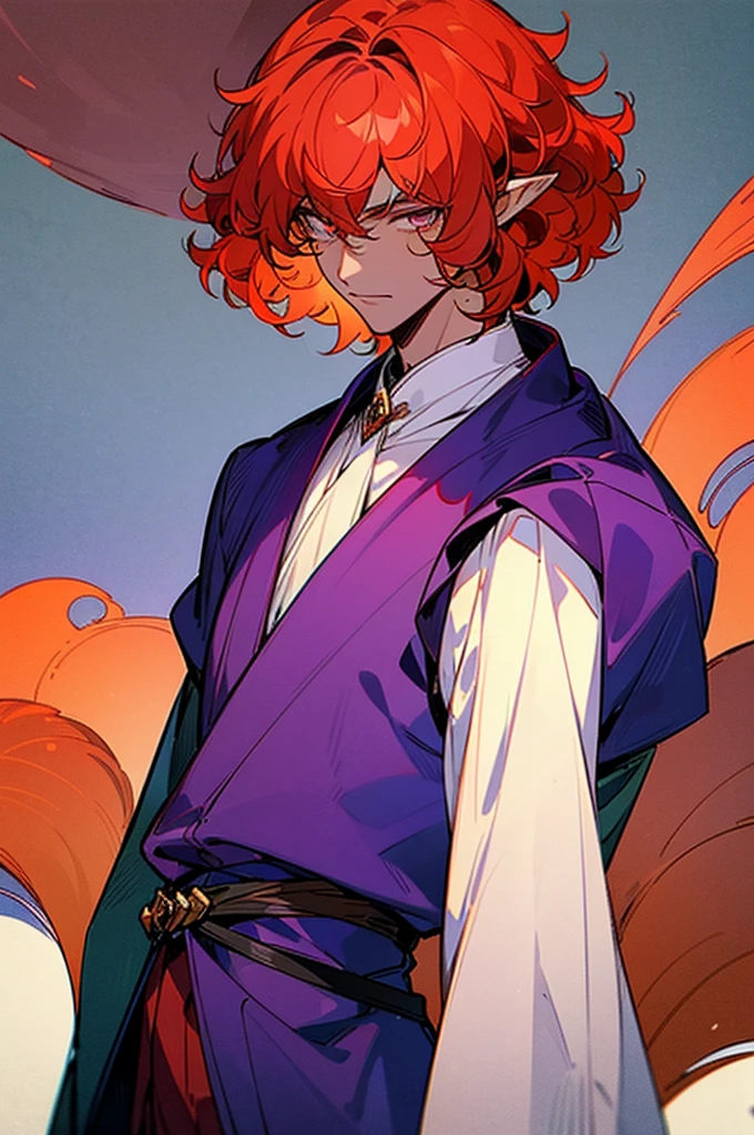 ((masterpiece)), ((one man)), man, man in late 30s, dark skin, white eyes, detailed eyes, elve ears, drak red hair, short hair, short curly hair, ((curly hair)), curly hair, tall, handsome, mature, purple clothes,
