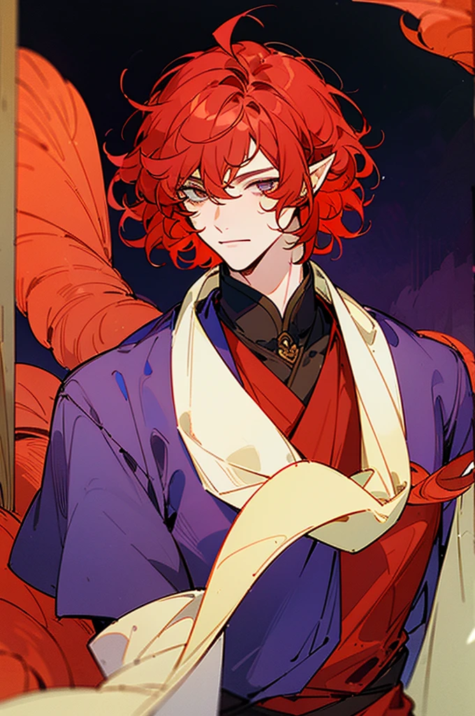 ((masterpiece)), ((one man)), man, man in late 30s, dark skin, white eyes, detailed eyes, elve ears, drak red hair, short hair, short curly hair, ((curly hair)), curly hair, tall, handsome, mature, purple clothes,