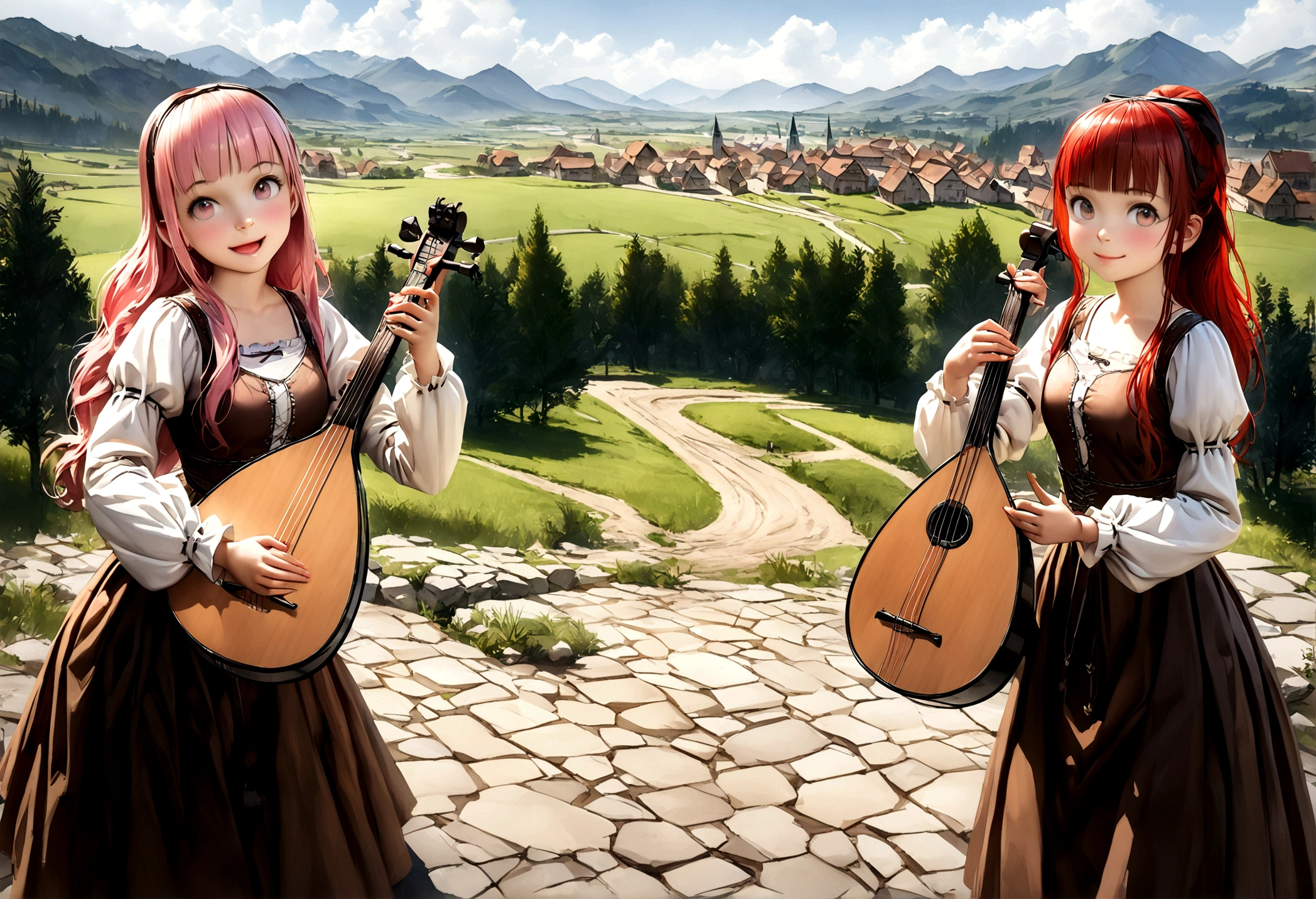 (((Top quality, 4k, 8k, high resolution, masterpiece: 1.2))), (super detailed), (realistic), (photorealistic), (photorealistic: 1.37), (HDR, UHD), (studio (lighting)), ultra-fine drawing, sharp focus, physically based rendering, highly detailed, professional, vibrant colors, perfect ditaile hand, highly detailed realistic eyes, girl, one girl, multiple girls, A lot of girls, smile, open mouth, close mouth, short hair, medium hair, medium length, long hair, ponytail, red hair, blue hair, blonde hair, green hair, pink hair, medieval European clothing, Citizen's Clothing from Medieval Europe, miniskirt, mid-length skirt, long skirt, chinos pants, (((playing the lute))), (((playing the drums))), Medieval European town, Countryside, Medieval European rural village, Rural grassland, Mountain view, Rural river, Irrigation canal, anime, cartoon, kawaii, qute, (((Long shot, Panorama, Distant view, Vast landscape))), knees, feet, looking at viewer,