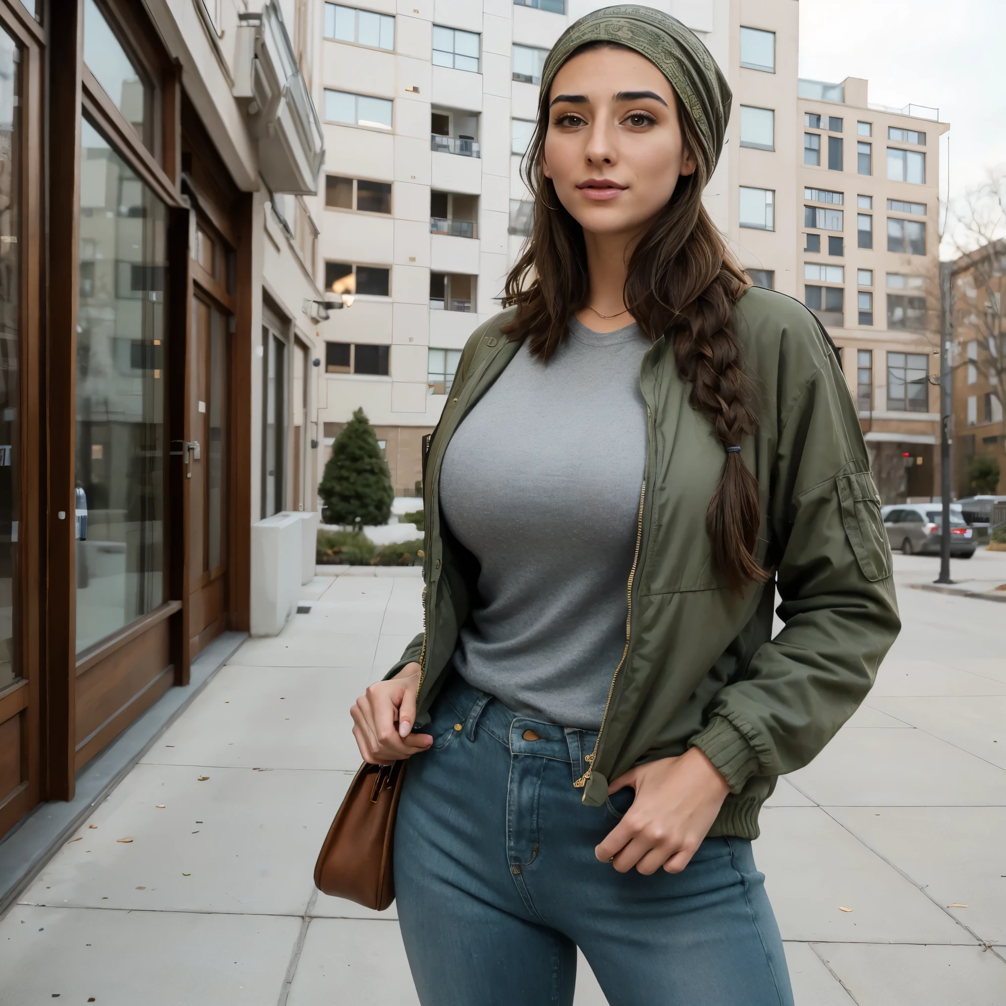 Extremely busty thin and toned brunette photographer, college girl, fair skin, loose side braid, soft face, athletic, bandana babushka headwrap, tight olive green casual windbreaker, skinny jeans. standing in front of her apartment building, outdoors, city, camera bag, cleavage 