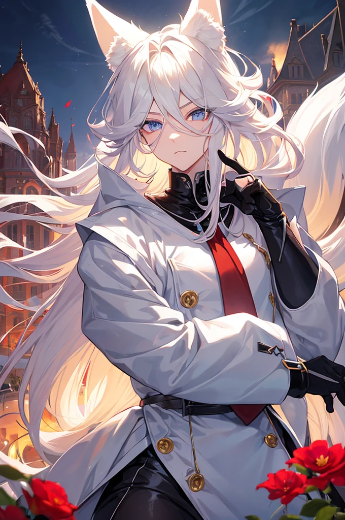 Androgynous young man, very long wavy blond hair, tight-fitting clothes, kemonomimi, fox ear, fox tail, different-colored eyes, light eyes, long eyelashes, gazing at camera, close-up portrait, man, garden, flower, one gray eye and one blue eye, bare torso, castle, red veil, flowers in hair.