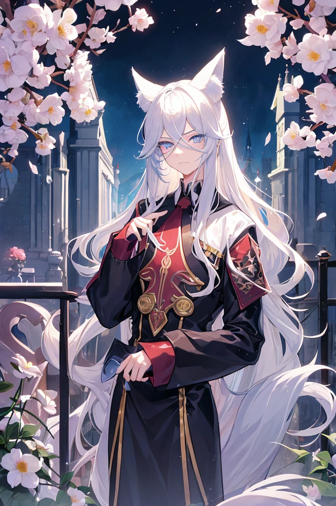 Androgynous young man, very long wavy blond hair, tight-fitting clothes, kemonomimi, fox ear, fox tail, different-colored eyes, light eyes, long eyelashes, gazing at camera, close-up portrait, man, garden, flower, one gray eye and one blue eye, bare torso, castle, red veil, flowers in hair.