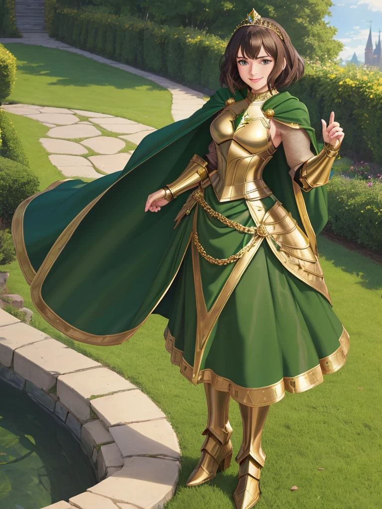 masterpiece, best quality:1.2), 1girl, smile, looking at viewer, green eyes, short brown hair, princess, armor, , pauldrons, armored dress, green cloak cape, wearing puffy blue ballgown skirt, golden tiara with green gem, armored boots, fingerless gloves, standing in medieval garden