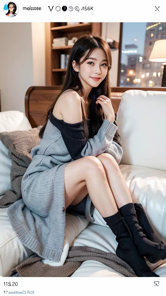 ulzzang -6500-v1.1, (Raw photo:1.2), (Photorealsitic), a beautiful detailed girl, (Real: 1.4), ((hugging owns legs)), extremely detailed eye and face, beatiful detailed eyes, ((Neat and clean dress、sitting on a sofa))、((Ultra-realistic stockings:1.2)), from the side, Skirt and thighs、huge filesize, hight resolution, ighly detailed, top-quality, [​masterpiece:1.6], illustratio, ighly detailed, nffsw, finely detail, top-quality, 8k wallpaper, Cinematographic lighting, 1girl in, , perfect body type, cute droopy eyes beautiful big eyes、Pieckfinger, ((masutepiece)), Best Quality, 1girl in, eye shadow, Upper body, Portrait, ((FULL BODYSHOT:1.4))、(Very affectionate smile:1.2)、realistic skin textures、shinny skin、Exposed thighs!!!